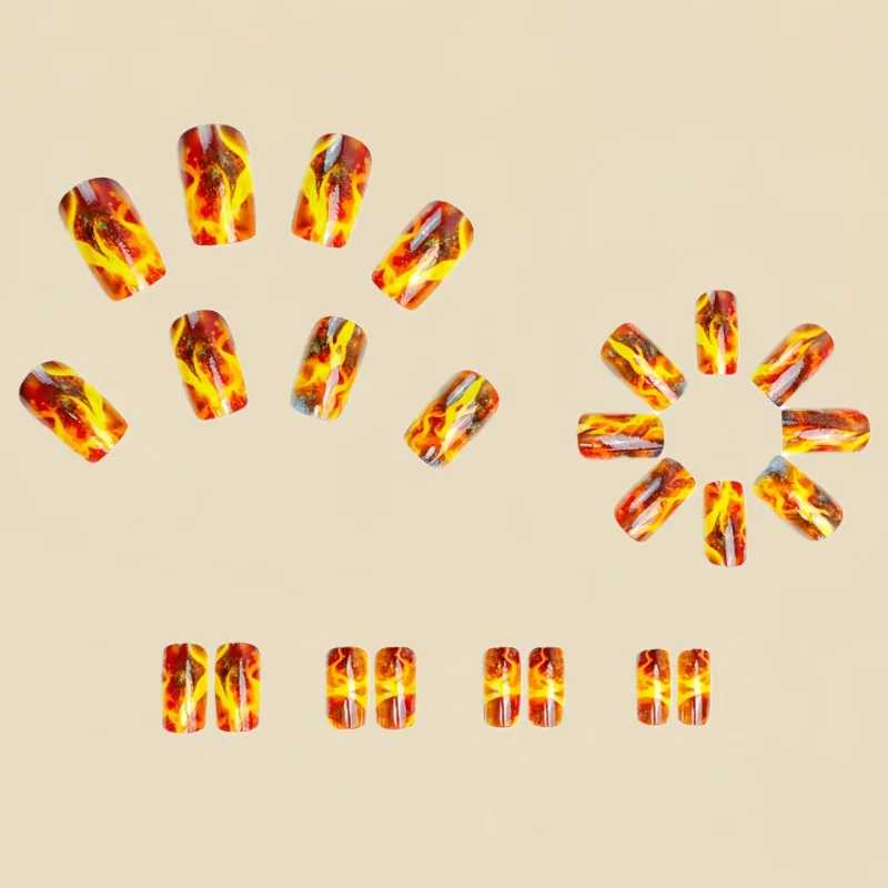 24 Pcs Medium Long Woman False Nails for Gluing Flame Pattern Nails Press on With Design Fake Nail Sticky Nails with Charms 2025