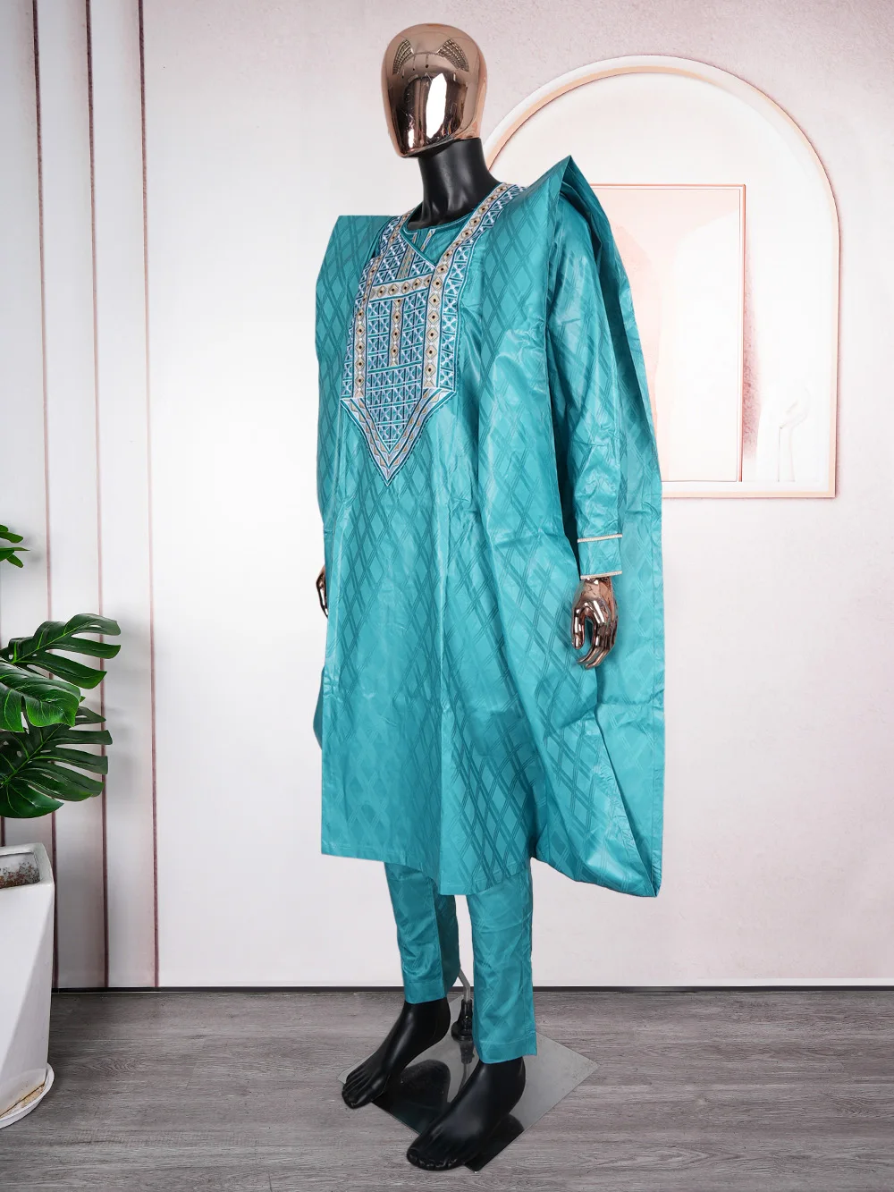 H&D South African Traditional Wear Formal Attire Bazin Riche Dashiki Green Shirt Pants Robe Suit Agbada Men\'s wedding party 2024