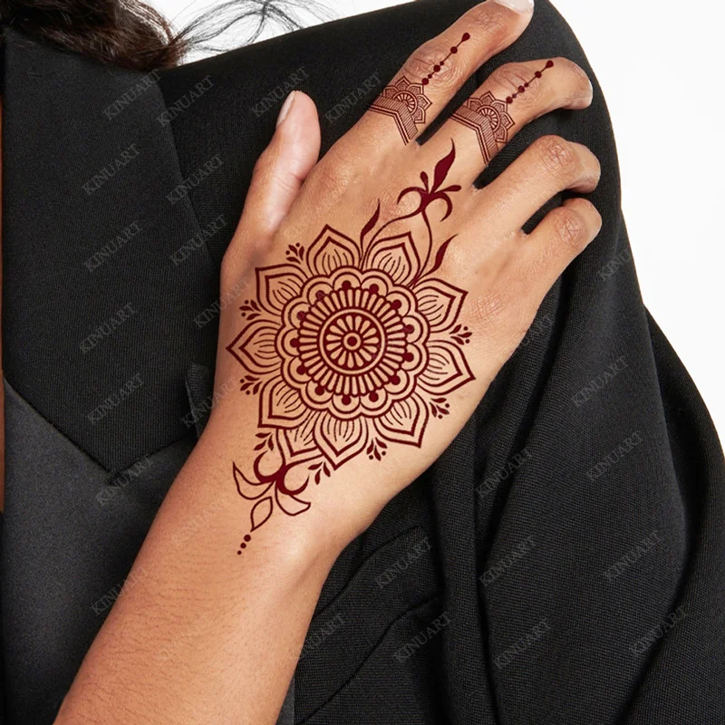 Maroon Henna Tattoo Stickers for Women Waterproof Temporary Tattoos  for Hand Flower Fake Tattoo for Wedding Festival Body Art