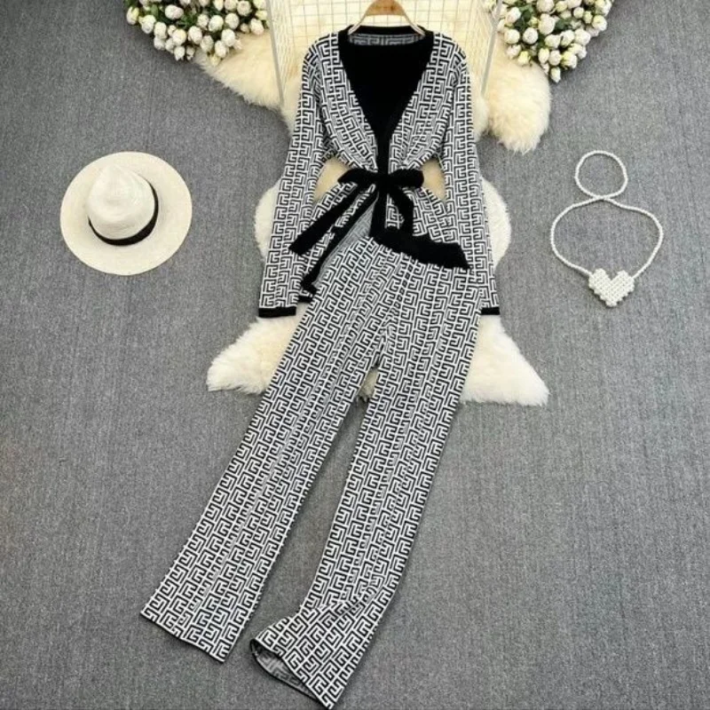 Women's Casual Temperament V-neck Waist Tied Knit Cardigan Top Three Piece High Waisted Wide Leg Pants