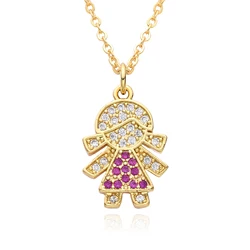 Gold Color Cute Boy Girl Necklace for Girl Boy Children Gift Cubic Zirconia Charms Clavicle Chain Pendant DIY Jewelry Accessory