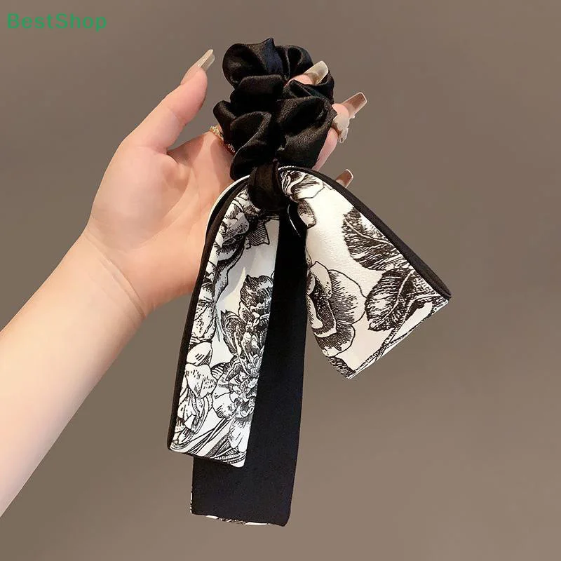 

〔Rebecca〕New National Trend Ink Painting Flower Bow Ribbon Hair Ring High-end Printed Satin Hair Rope Hair Accessories