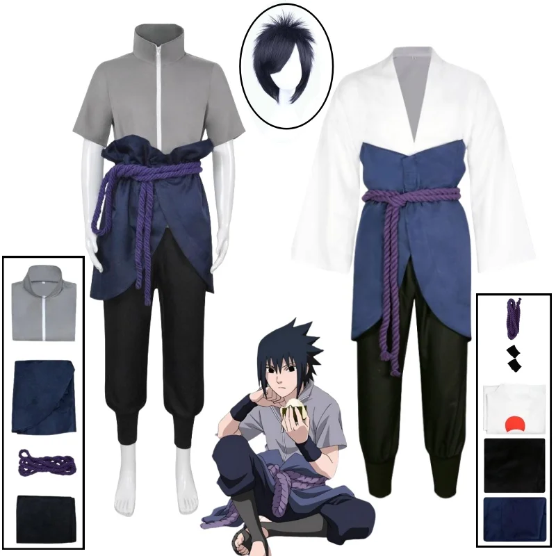 Anime Uchiha Sasuke Cosplay Costume Wig Grey White Suit Comic Clothes Outfit for Adult Halloween Customized