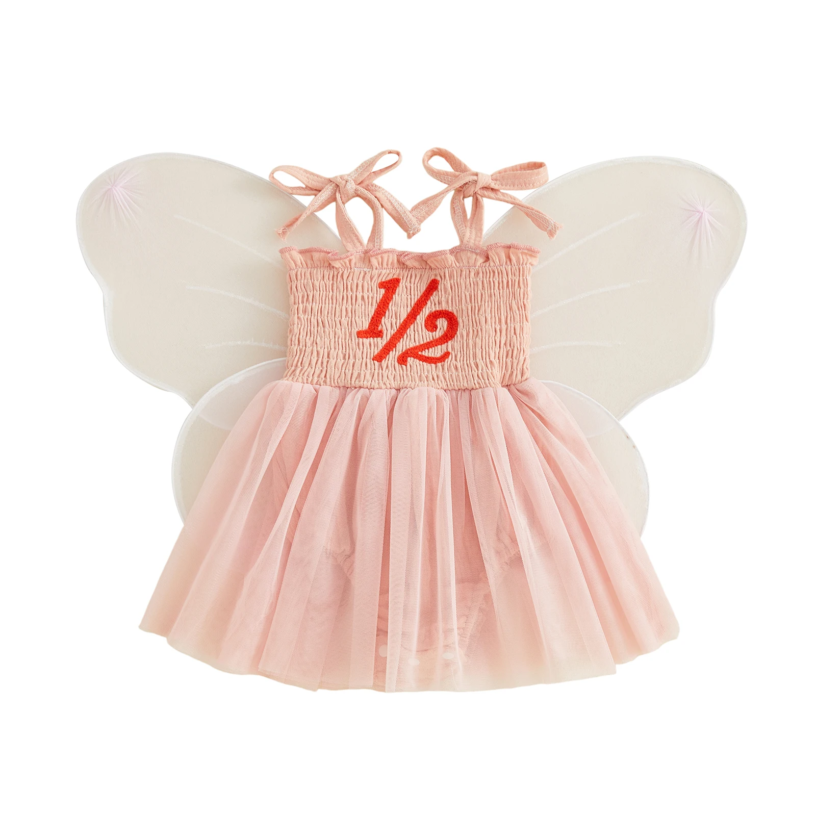 Baby Girls Half Birthday Romper Dress Sleeveless Tie-up Number Embroidery Tulle Bodysuit with Wing