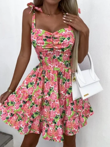 New Suspender Printed Waist Pleated Summer Short Bohemian Women\'s Floral Waist Tied Dress