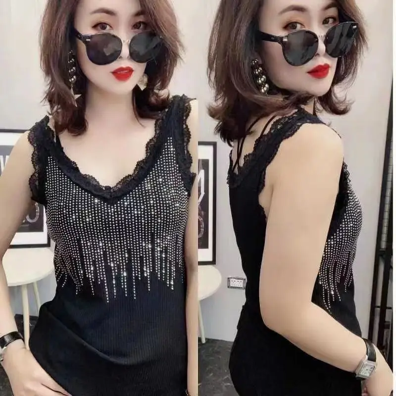 Rhinestone Lace Backless Cami - Summer Plus Size Crystal Tank, Slimming Stretch Top for Women