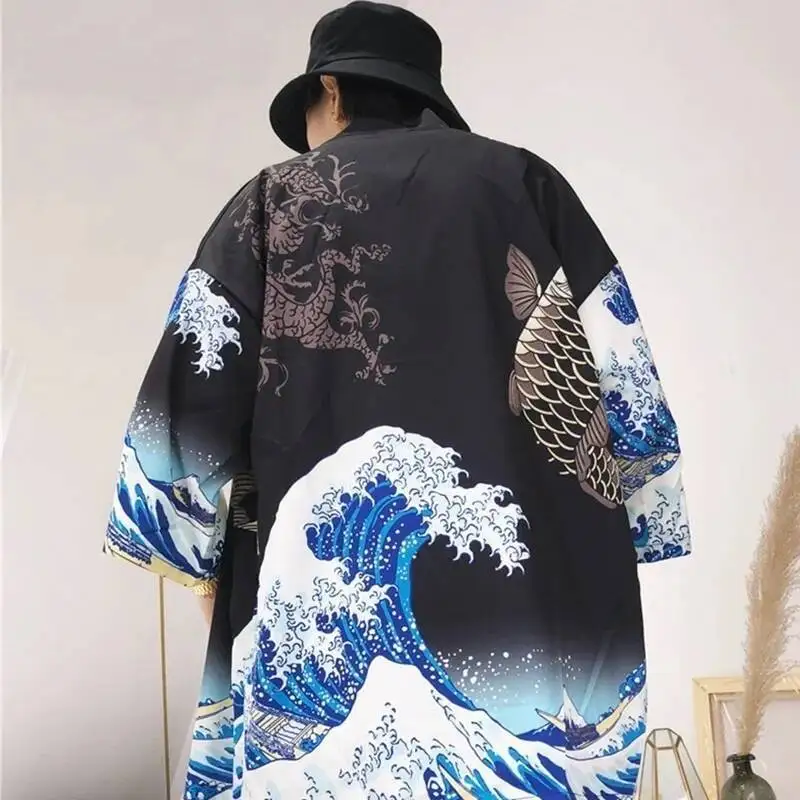 New Fashion Man Abbigliamento giapponese Yukata Costume da samurai maschile Haori Obi Beach Kimono da uomo Cardigan Giacca streetwear