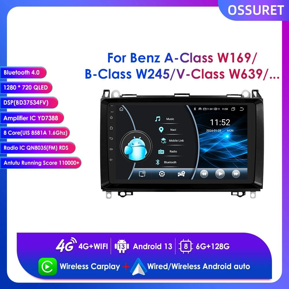 

9" Car Radio Multimedia Player Android 13 Wireless Carplay for Mercedes Benz B200 W245 W639 W906 Sprinter Navi GPS 2 Din RDS DSP