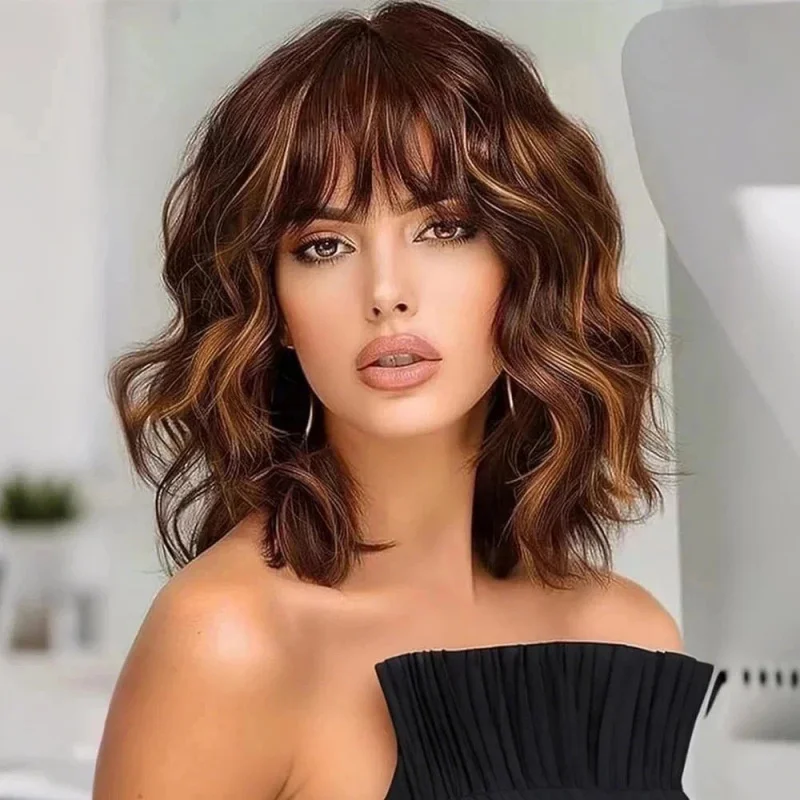 

Real Human Hair New Fashion Gorgeous Long Natural Brown Wavy Women's Wigs 14In