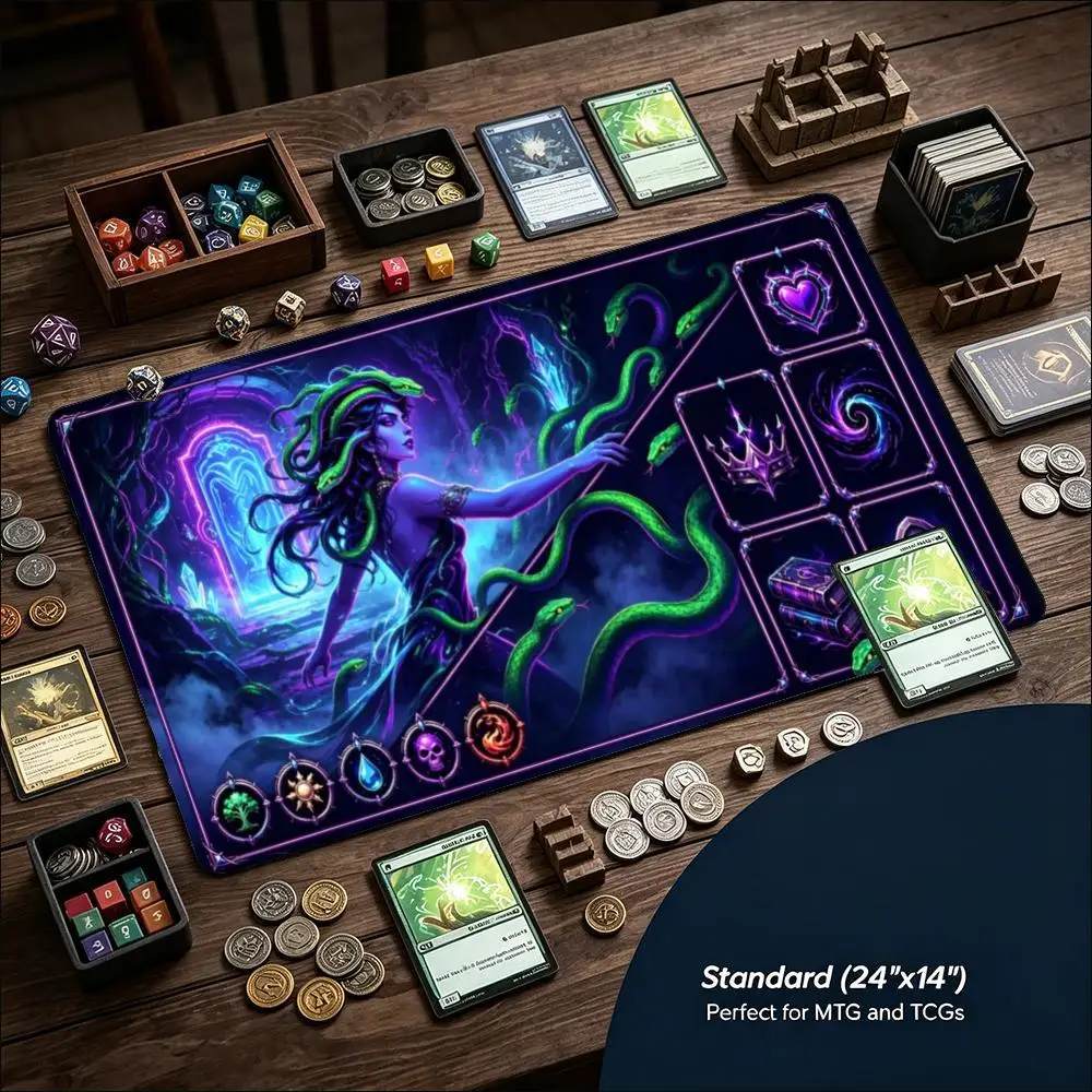 Mystic Purple Gorgon Medusa Large Game Mat Non‑Slip Rubber Playmat Dark Neon Serpent Art for Trading Card Tabletop Gaming