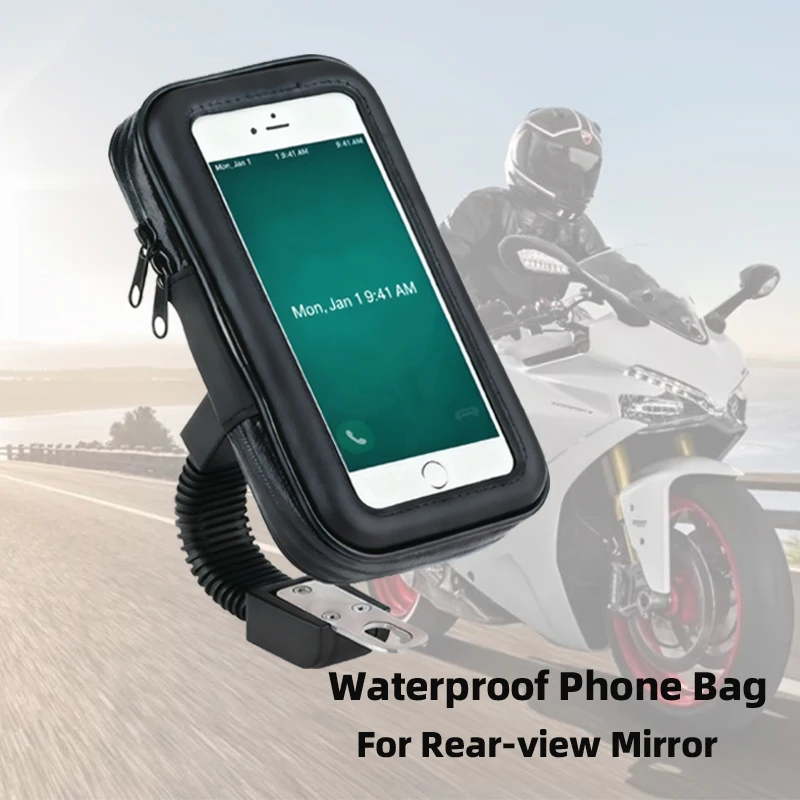 

Чехол-держатель для телефона на мотоцикле, применимый в пределах 6,5-дюймового мобильного сенсорного экрана, водонепроницаемое и пыленепроницаемое крепление для зеркала заднего вида