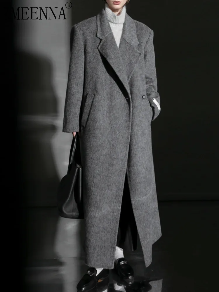 

ZMEENNA Womens Gray Wool Blend Maxi Coat Oversized Single Button Notched Lapel Long Winter Business Outerwear ZM4532