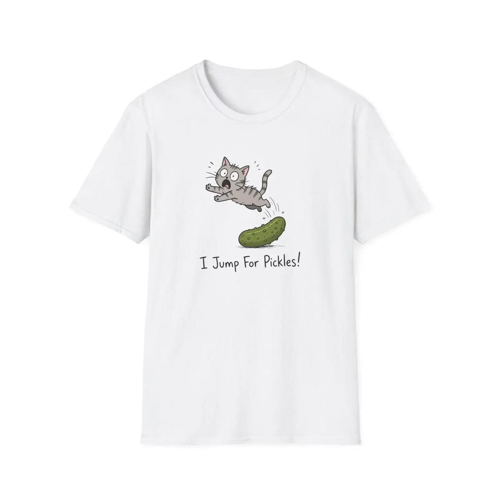 I Jump For Pickles Cat T Shirt Funny Pickle Illustration vintage Washed Casual Unisex Soft Top For Everyday Wear