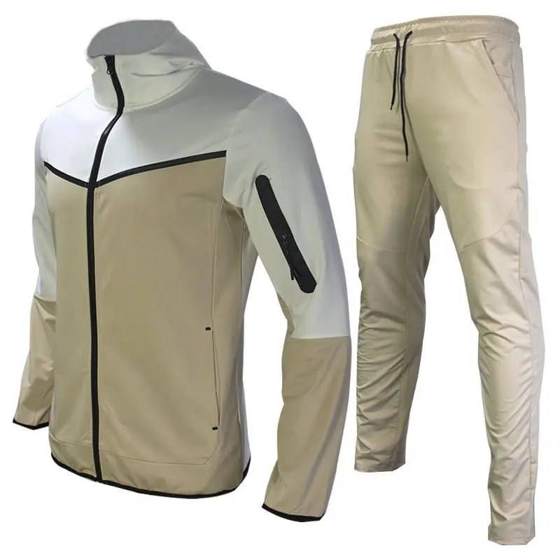Men's Autumn-Winter Full Set with Hood Sports Jacket ,Sweatshirt Long Sleeves Pants Color-blocked Open Cardigan TightHoodie Suit