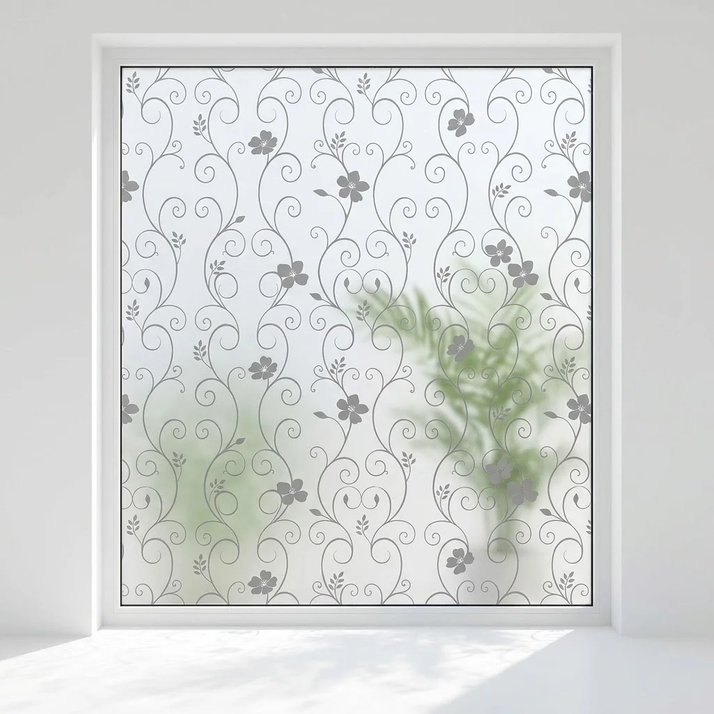 Elegant Scroll Flower Self‑Adhesive Window Film, Opaque Anti‑Peep Glass Cover Removable Decor Sticker for Shower Door Apartment