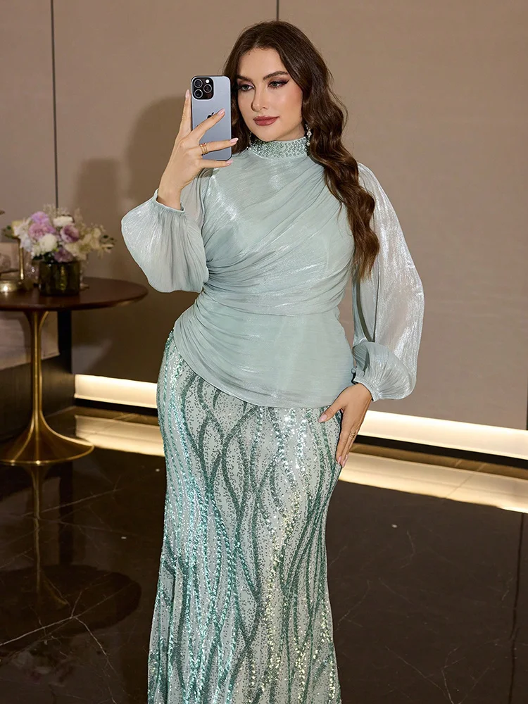 TOLEEN Elegant Plus Size Women's Long Mermaid Dress, Featuring Beaded Stand Collar, Bishop Sleeves,Sequin Details,Wedding Party