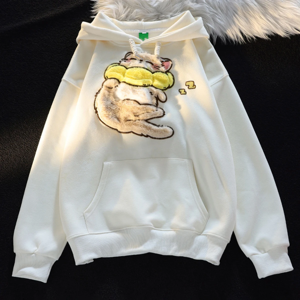 Women Spring Winter Cute Cartoon Embroidery Print Cat Pullover Hooded Sweatshirt Lazy Dopamine Couple Coat Student Hoodie Top