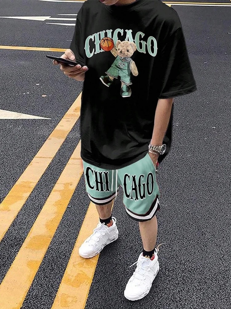 Cartoon Bear 3D Printed Men's Round Neck Short Sleeve 2pcs Suit Urban Street Trend Men's Top Outdoor Men's Drawstring Shorts