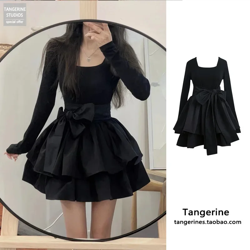 Hepburn Black Dress Women's Spring Autumn Lolita Pure Desire High-end Feel Vintage Waist-fitted Square Collar Puffy Little Dress