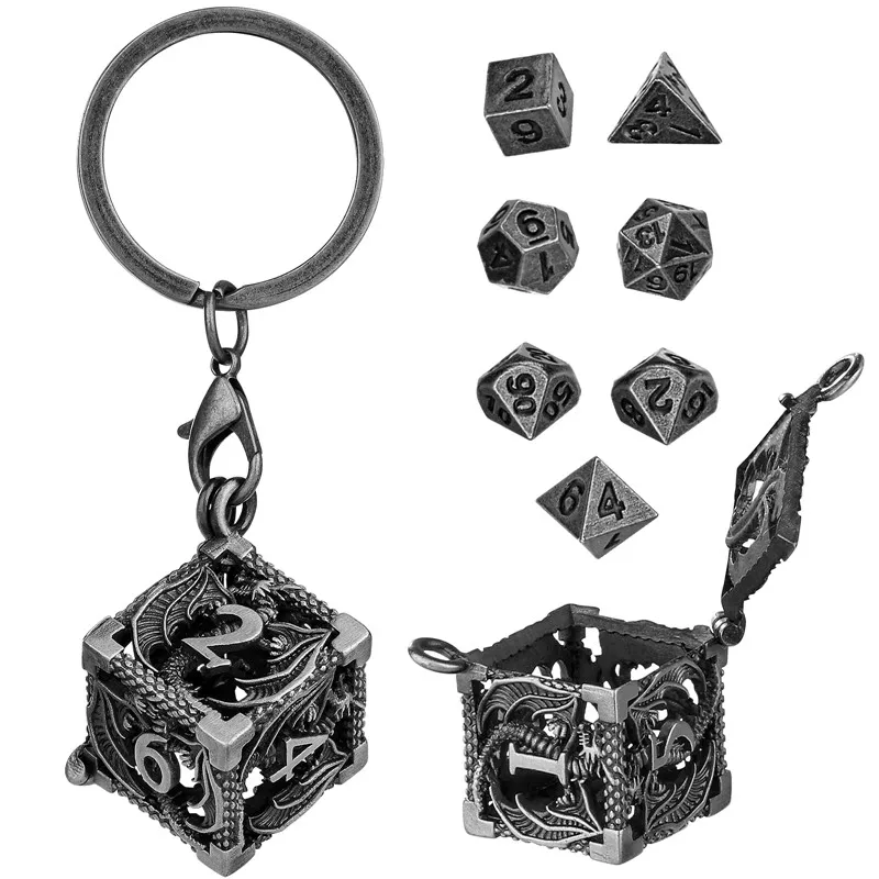 Poliédrico Metal Mini Dice Set com Pequeno Porta-chaves Portátil, Oco Case, Role Playing Jogos de Tabuleiro Acessórios, Minúsculo, 7Pcs