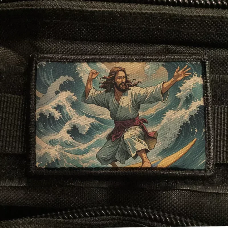 Surfing Jesus Morale Tactical Patch Funny Kanagawa Wave Printed Hook&Loop Patches Military ARMY Badge Armband Backpack Stickers