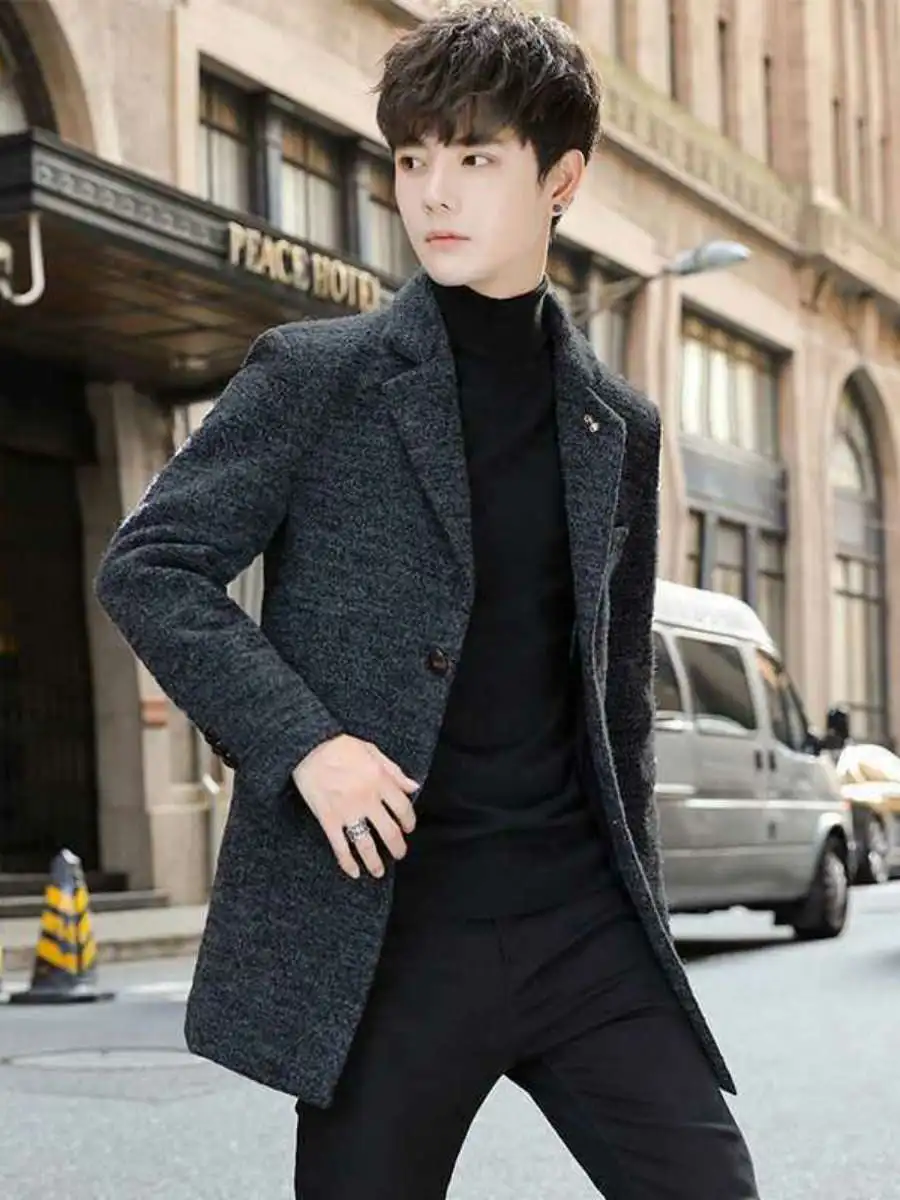 Mantel Wol Pria Trendy, Hangat, Panjang, Jaket Musim Dingin, Pakaian Luar Musim Gugur Musim Dingin, Jaket Angin Modis Pria