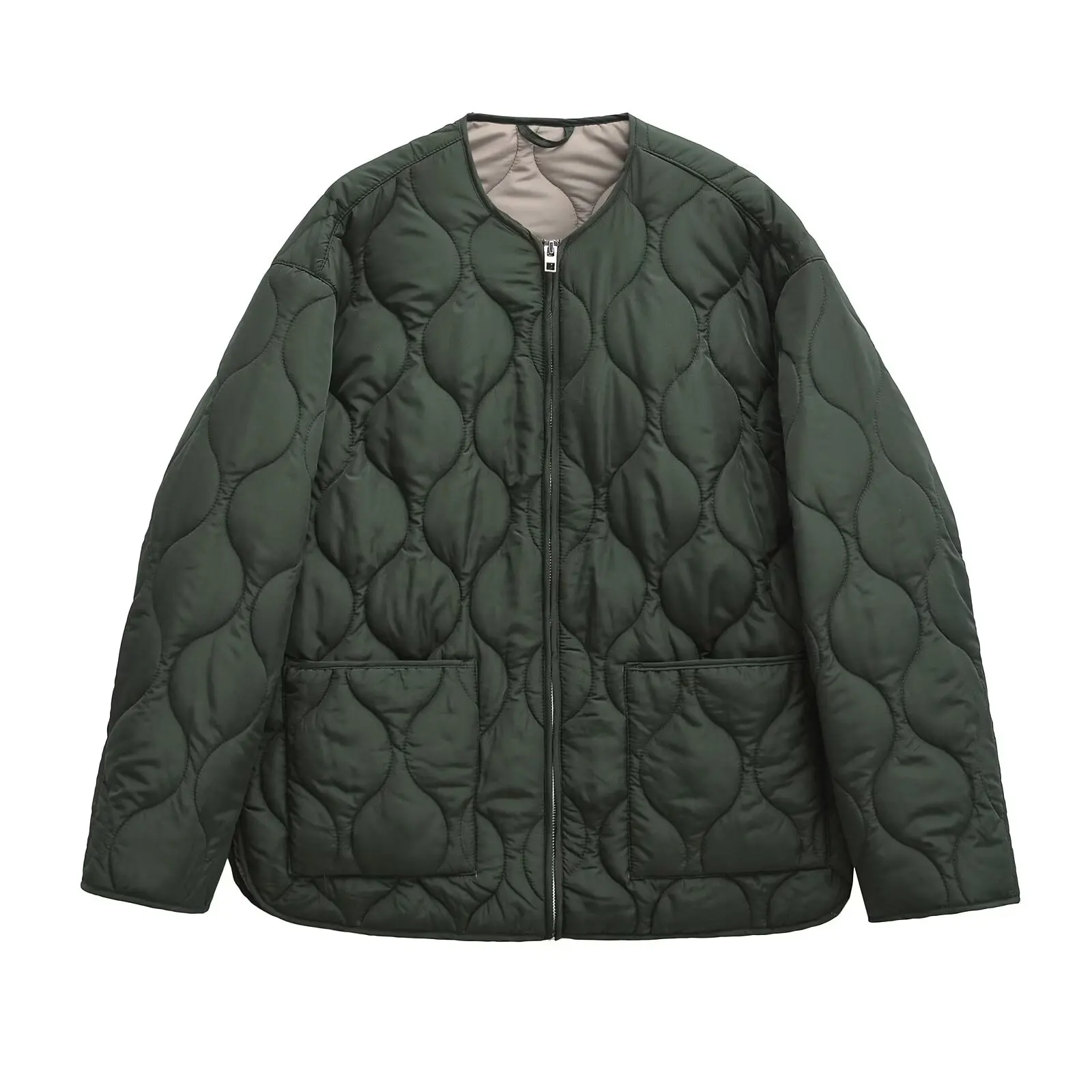 KAOPU ZA Women's Fall Winter chic quilted Pocket Loose cotton Jacket coat Women vintage Army Green long sleeve O neck outerwear