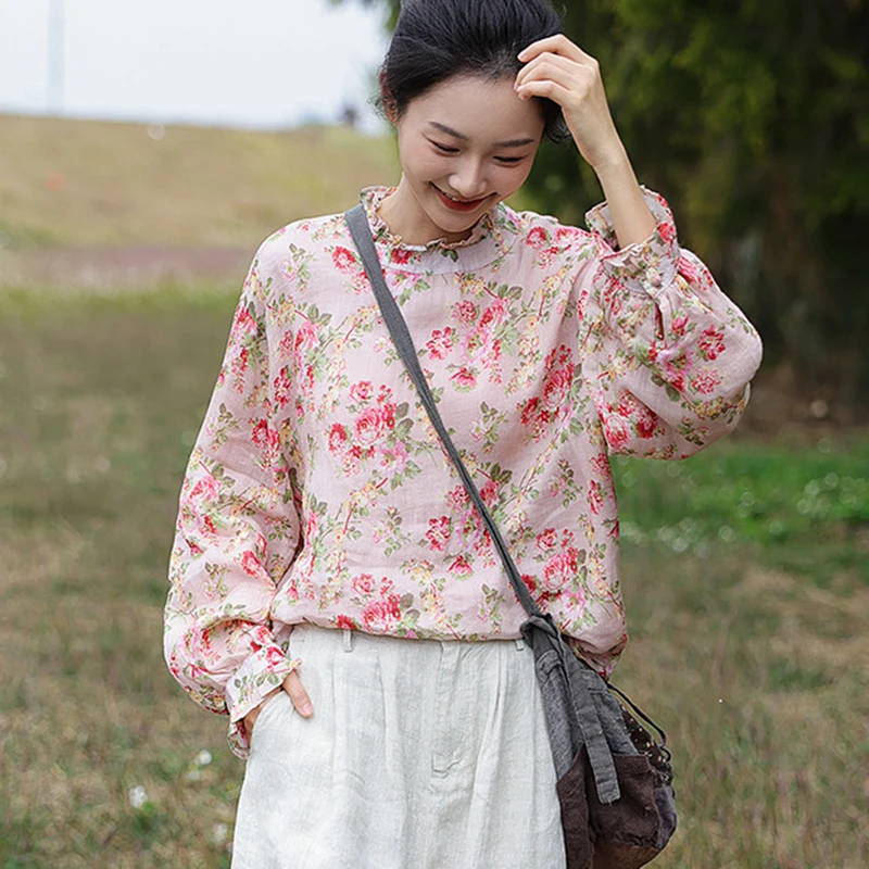 Women Long Sleeve Blouses Shirts New 2025 Spring Vintage Style Half High Collar Floral Print Loose Female Casual Tops M1350