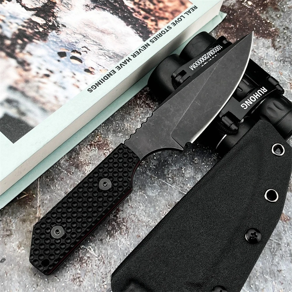 Outdoor Straight Knife with Sheath Stone-washed Fixed-blade Knife G10 Handle Camping Fruit Knife Outdoor Hiking Portable Tool