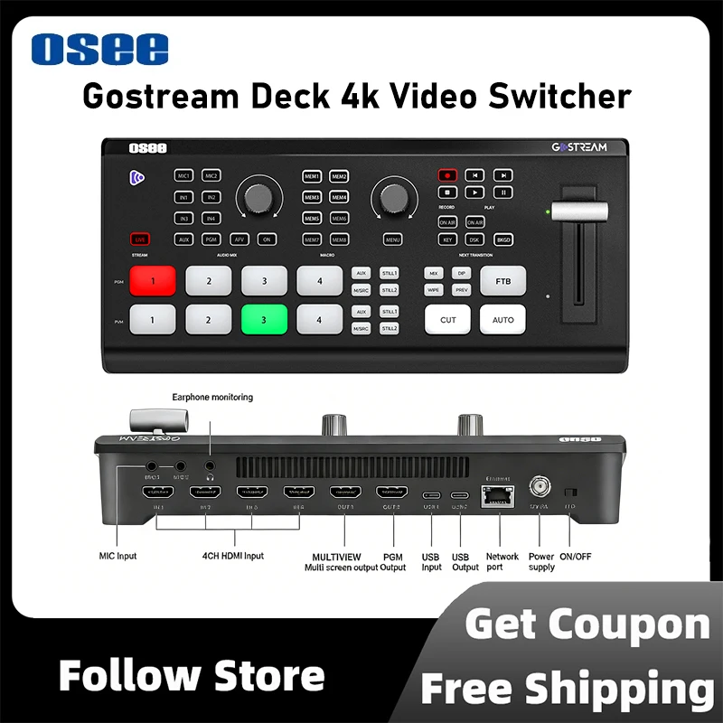 Osee Gostream Deck 4K Video Switcher 4-Ch HDMI 4K60 Input Custom