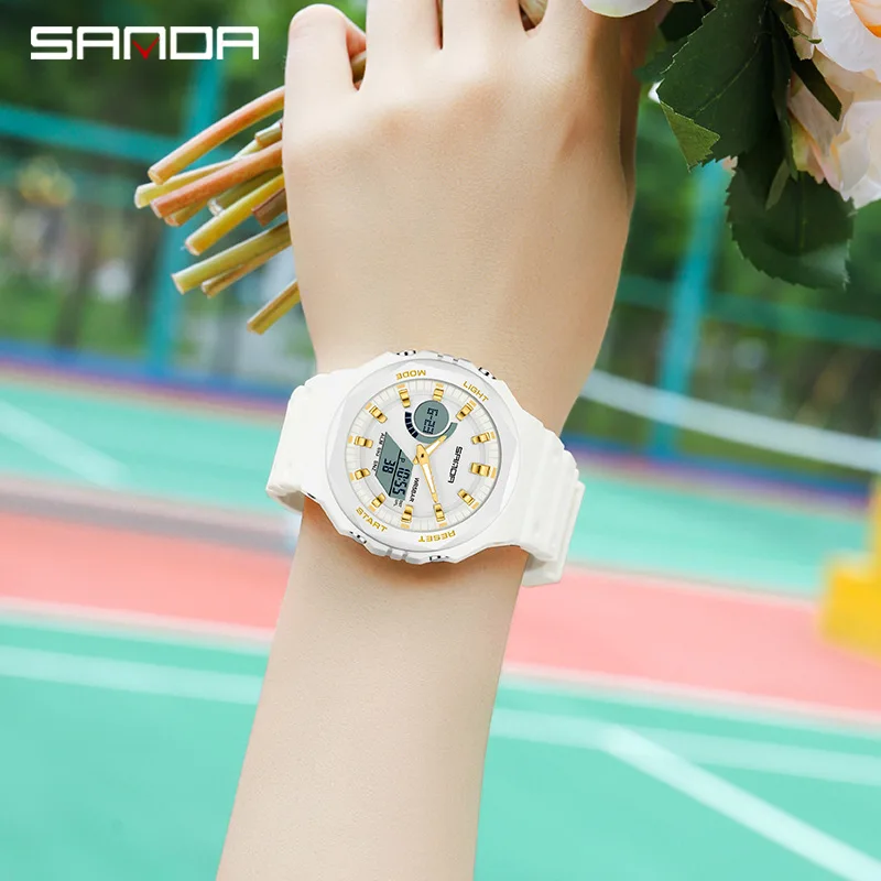 SANDA 6016 Hot Selling Fashionable Student Dual Display Synchronous Movement Octagonal Contour Luminous Electronic Watch