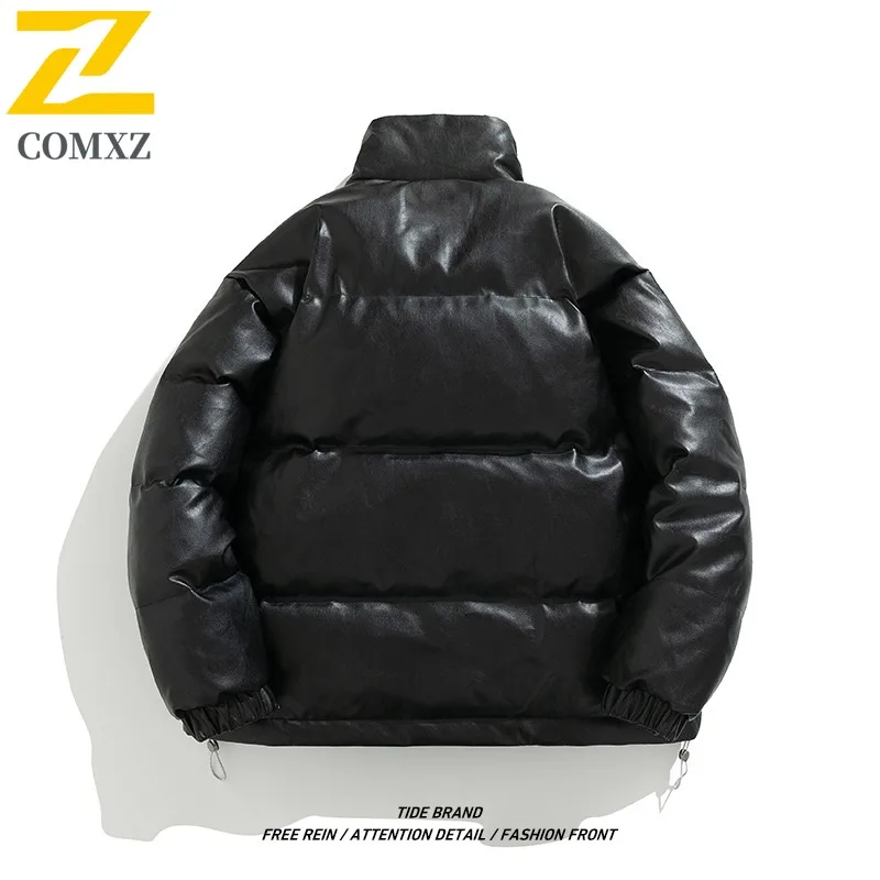COMXZ Men Puffer Jacket Stand Collar Outdoor Snow Ski Windproof Warm PU Leather Coat Fashion Korean Fashion Autumn Winter Parkas