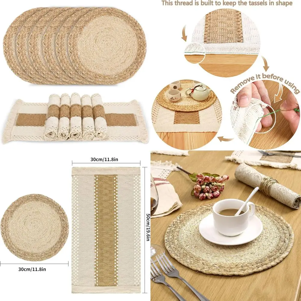 

Set of 6 Handmade Boho Placemats: Natural Cotton Burlap & Water Straw Woven, Macrame Decor, Farmhouse Style Dining Table Mats