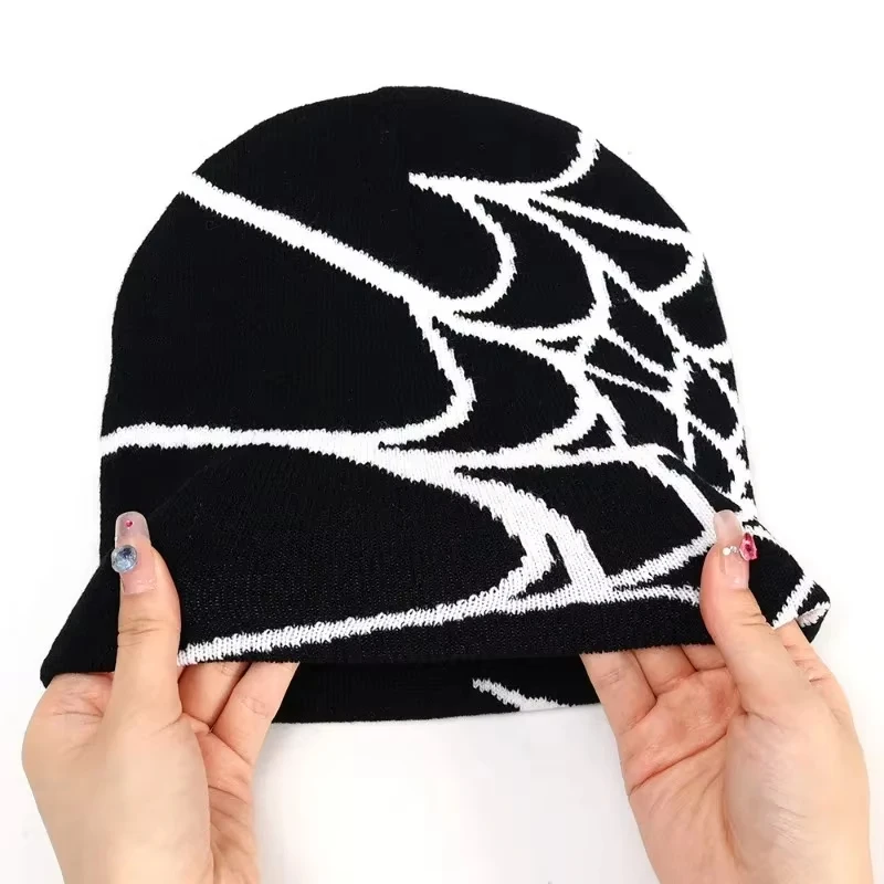 Knitted Beanies Hat for Men Women Spider Web Print Pullover Hats Elastic Softbonnet Autumn Winter Warm Thick Woolen Hip Hop Caps