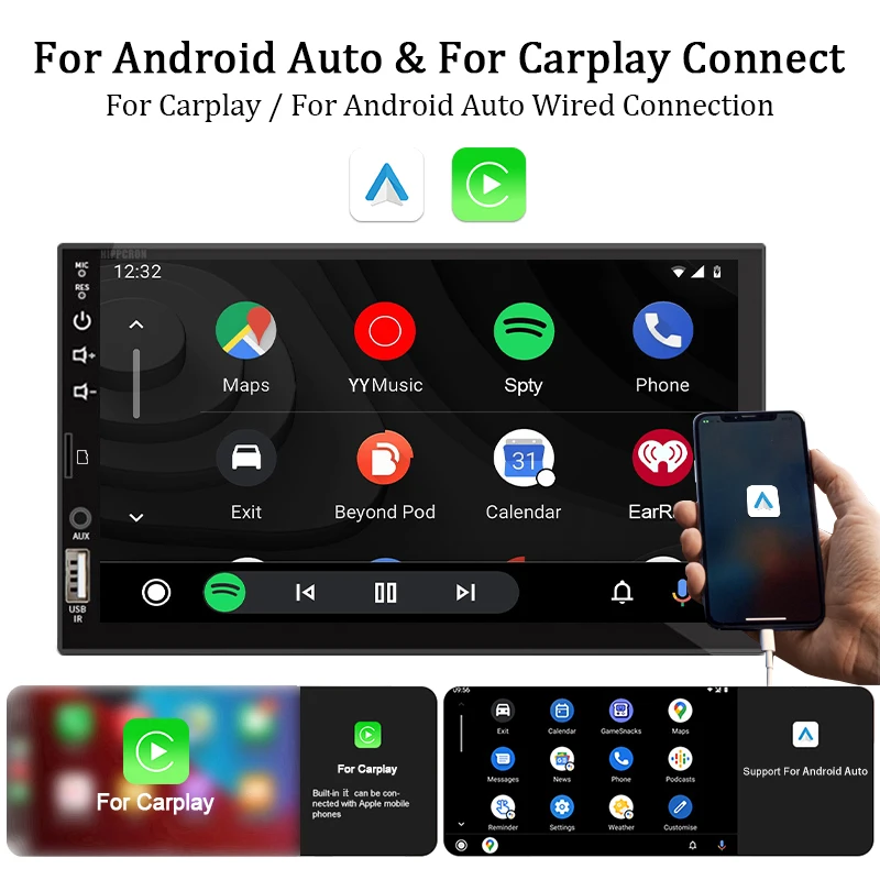 HIPPCRON 7” 1DIN Carplay Android Auto 12V Car Radio MP5 Multimedia Player FM Receiver ISO Power BT5.1 Mirror Link Touch Screen