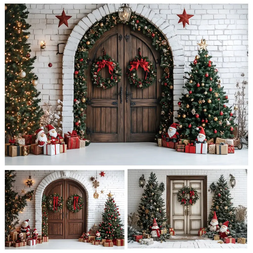 

Christmas Photography Backdrop Rustic Wood Door White Brick Wall Xmas Tree Gifts Christmas Kids Portrait Photocall Background
