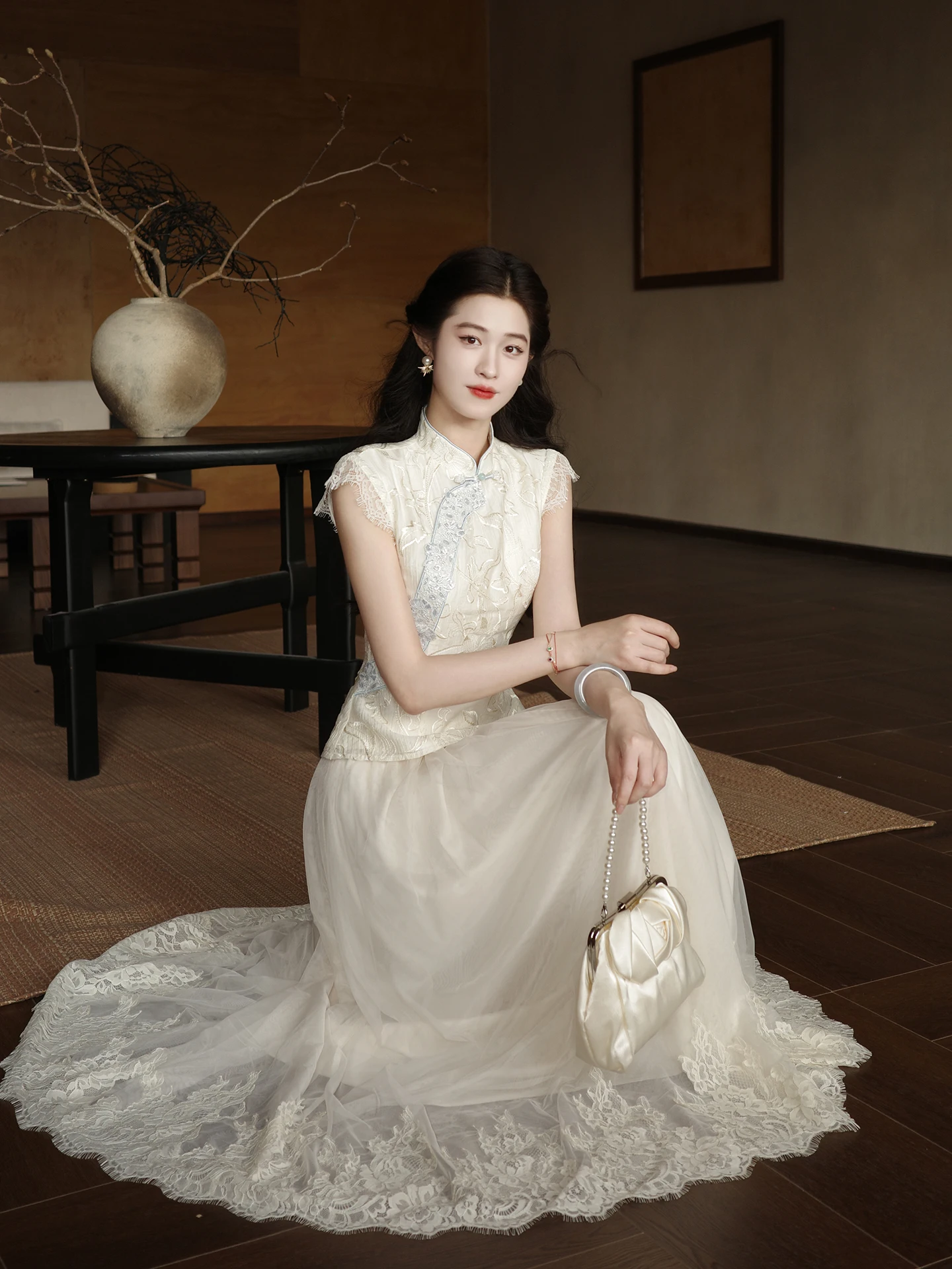 

Lingshan Half-length Lace Skirt Set Women's Fashion Spring Summer Short Sleeve Embroidered Cotton High-waist Floral Pattern