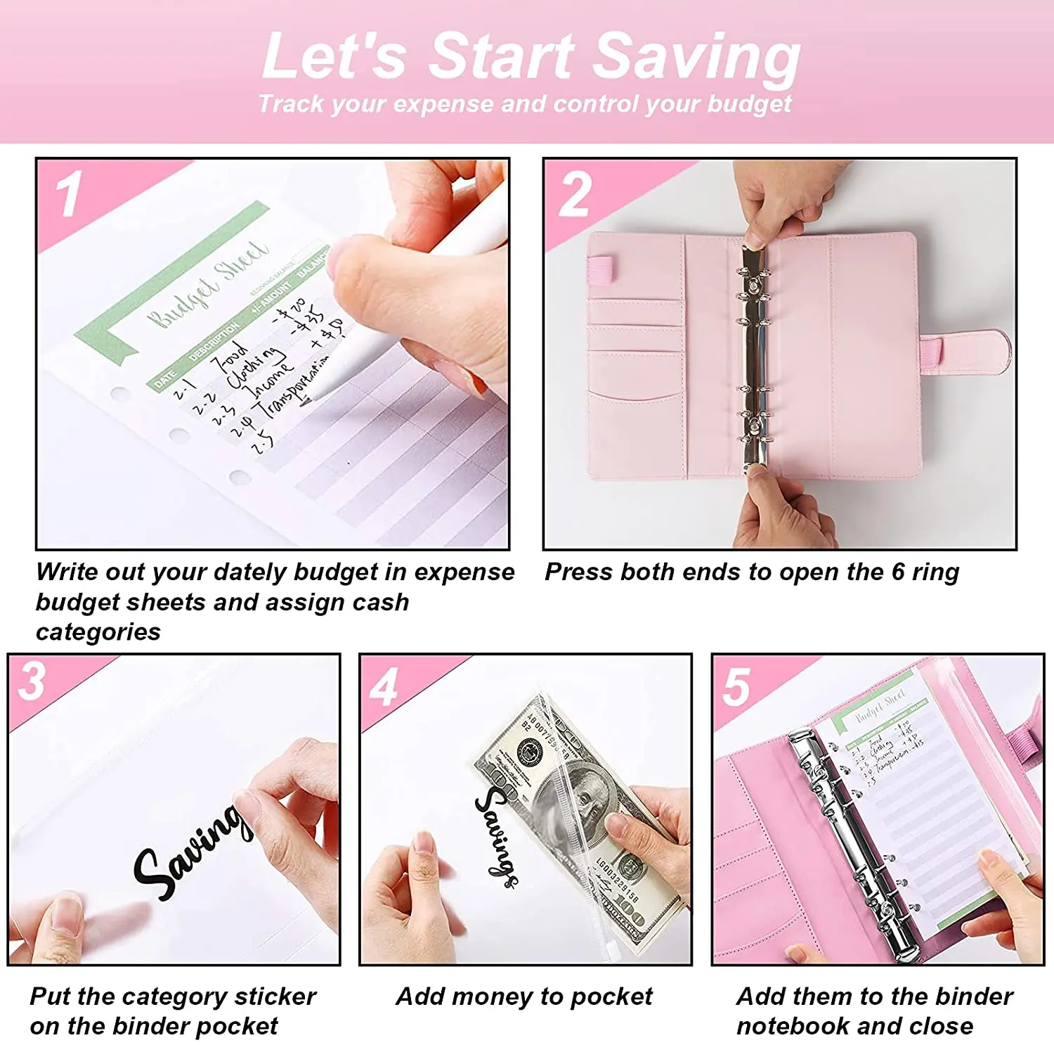 A6 PU Leather Notebook Binder Budget Planner, 8 Binder Pockets,Expense Budget Sheets,Sticker Label, Cash Envelopes for Budgeting