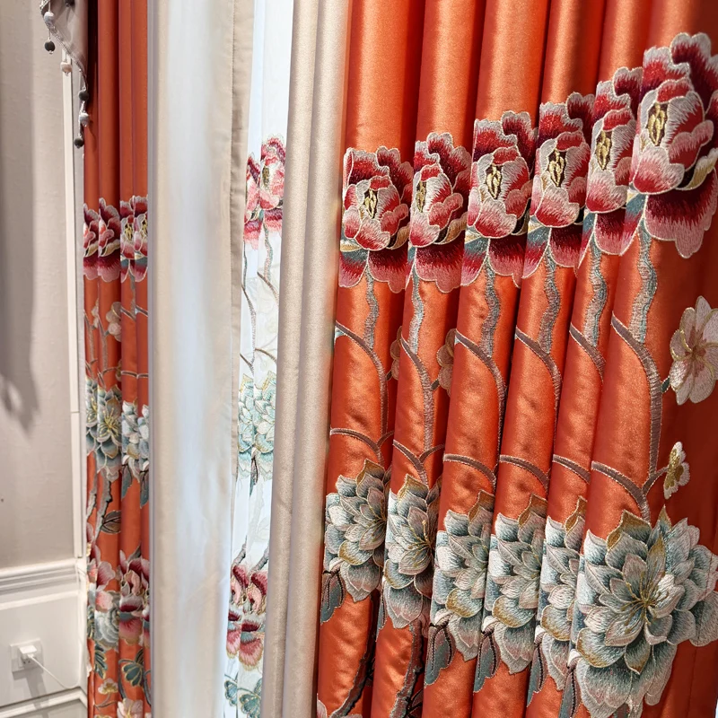 Custom Elegant European luxury embroidery bedroom living room orange cloth blackout curtain tulle valance drape C1830