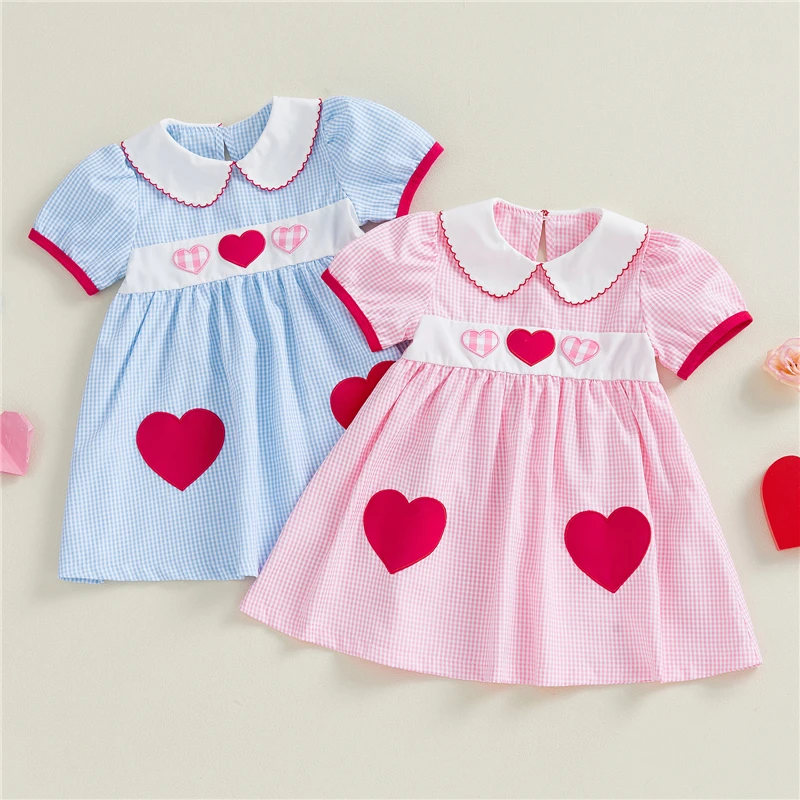 

1-7Y Toddler Kids Girls Valentine's Dress Puff Short Sleeve Doll Collar Heart Embroidery A Line Dress Baby Girl Clothes