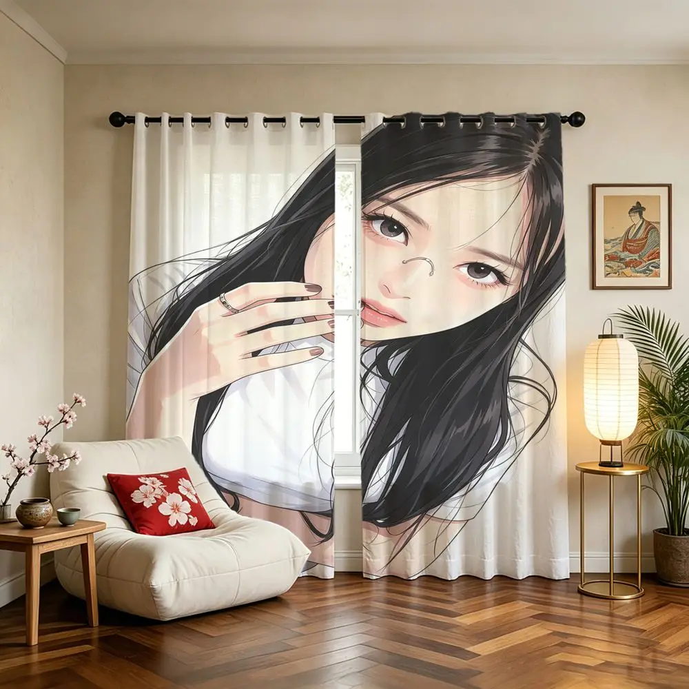 Minimal Line Cartoon Printed Curtains 2 Panels Light Blocking Rate 85% Darkening Curtains Modern Household Curtain