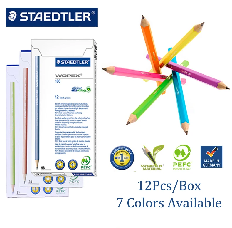 12Pcs/Box STAEDTLER WOPEX 180 NEON Pencil HB Colored Rod Black Lead Student Drawing Sketch Cute Pencils Stationery Supplies