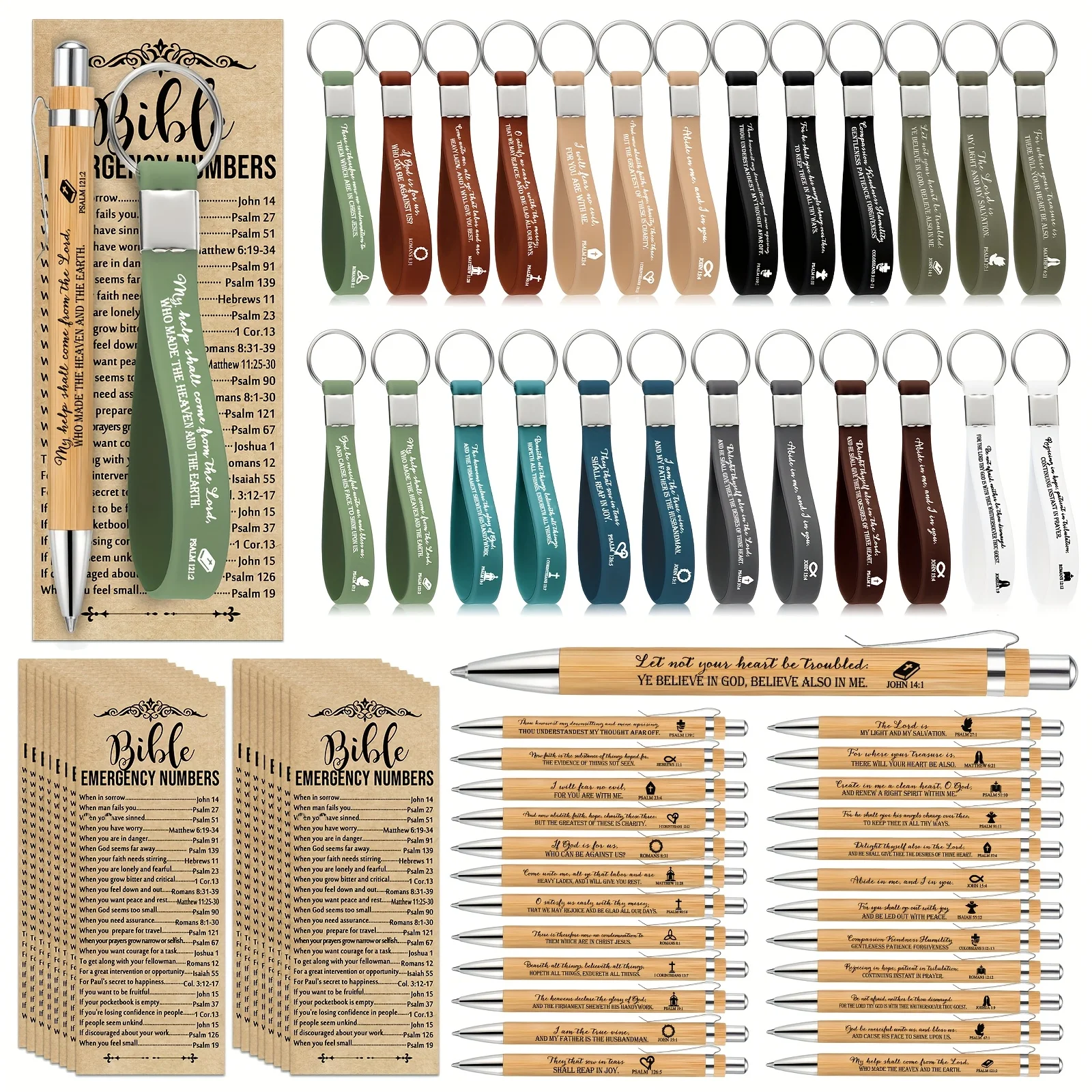 

25 Sets Christian Church Gift Bulk Bible Verse Bamboo Pen Religious Silicone Keychain Scripture Bookmark 2''x 6'' Emergency Numbers Bible Study Gift (Classic Color, English), OUTUS Halloween Christmas