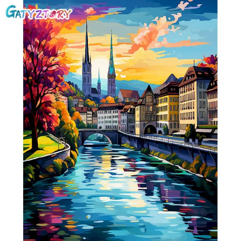 

GATYZTORY Diy Painting By Numbers With Frame City Landscape Picture On Numbers For Home Wall Art Decors 60x75cm Artwork