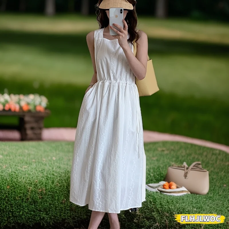 Embroidery Lace Dresses New Design Women Casual Holiday Loose Lace-Up Shirring Drawstring Waist Sleeveless Long White Dress