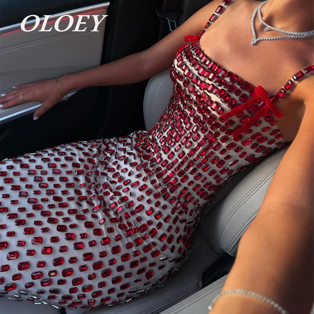 

OLOEY Luxury Red Crystal Mermaid Prom Party Dresses Square Collar Neck Bow Evening Gowns Floor Length Sleeveless Customized