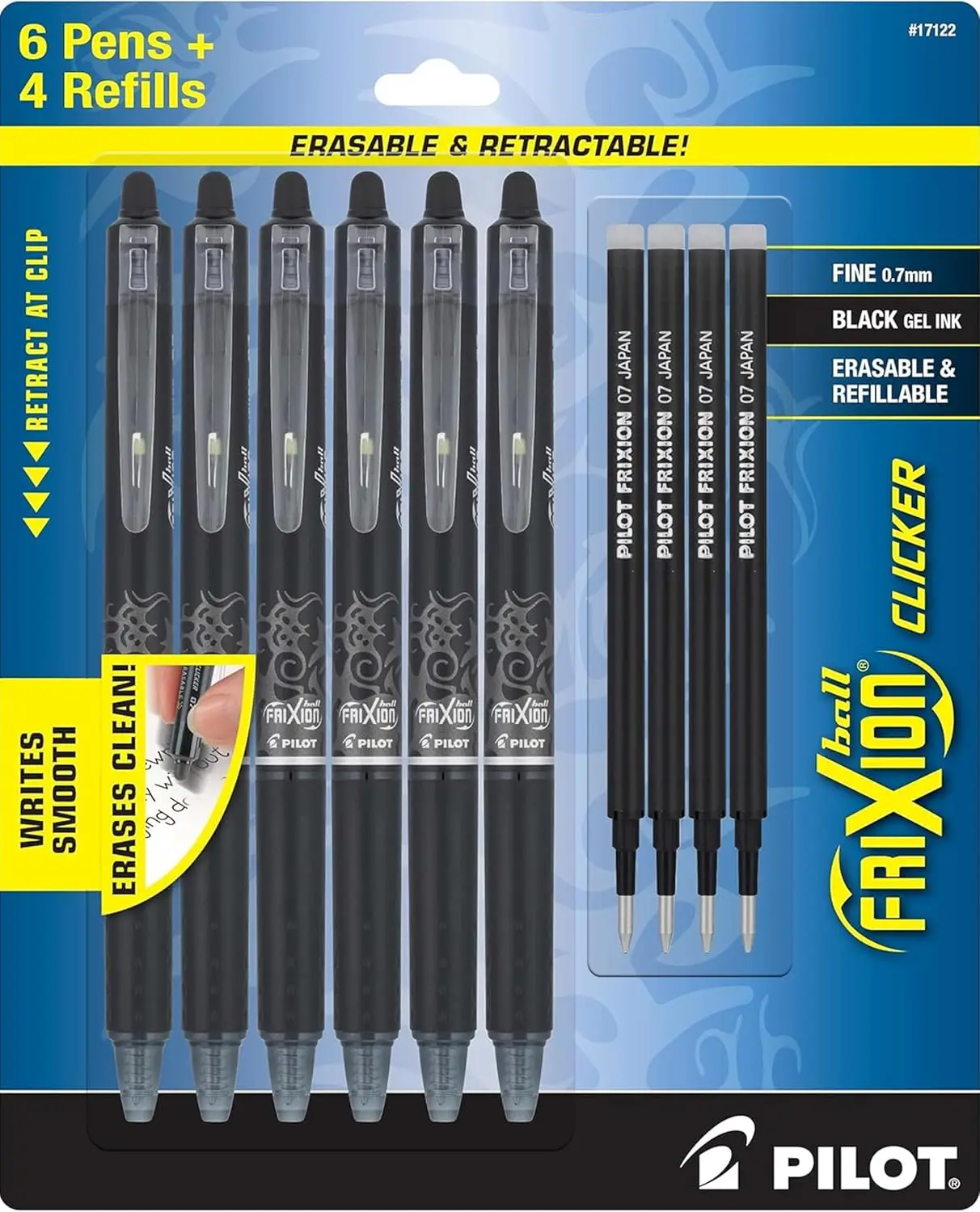 

Erasable Pens Fine Point 0.7mm Pack of 6 Black Retractable Ink Pens + 4 Bonus Refills