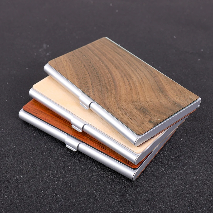 Custom Name Business Card Holder Personalized Credit Card Holder Metal Box Laser Engraving Wooden Cover Customized Card Case