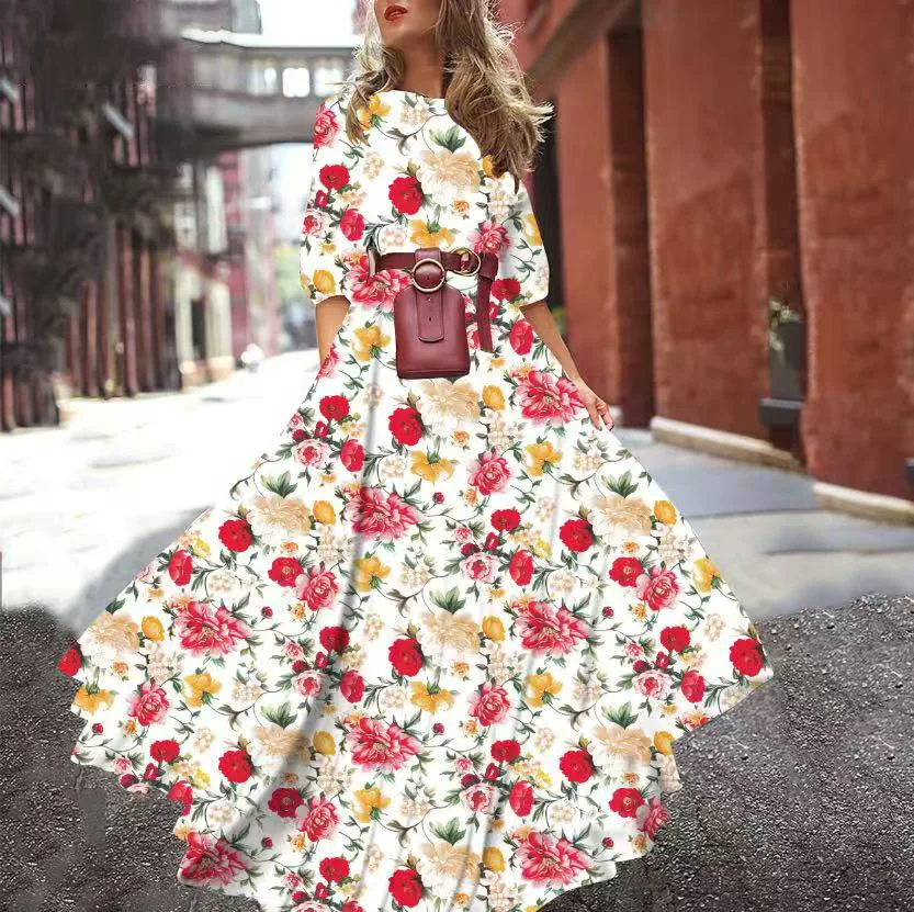 

Dresses For Women 2025 Spring Autumn Vintage Flower Floral Print Long Sleeve O-neck Office Lady Fashion Mujer Elegant Robe Femme