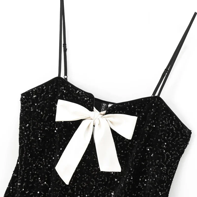 TRAF Sequins Bowชุดผู้หญิง 2024 ชุดสตรีมินิสีดําลื่นVestidosแขนกุดBacklessชุดElegant Party Dressesผู้หญิง